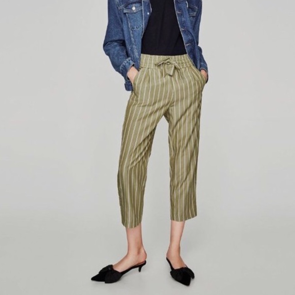 Zara Trafaluc Olive Striped Paperbag Cropped Pant